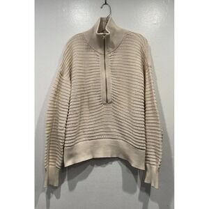 Varley Tara Pointelle Half Zip Sweater Ivory Cream Size Large Open Knit